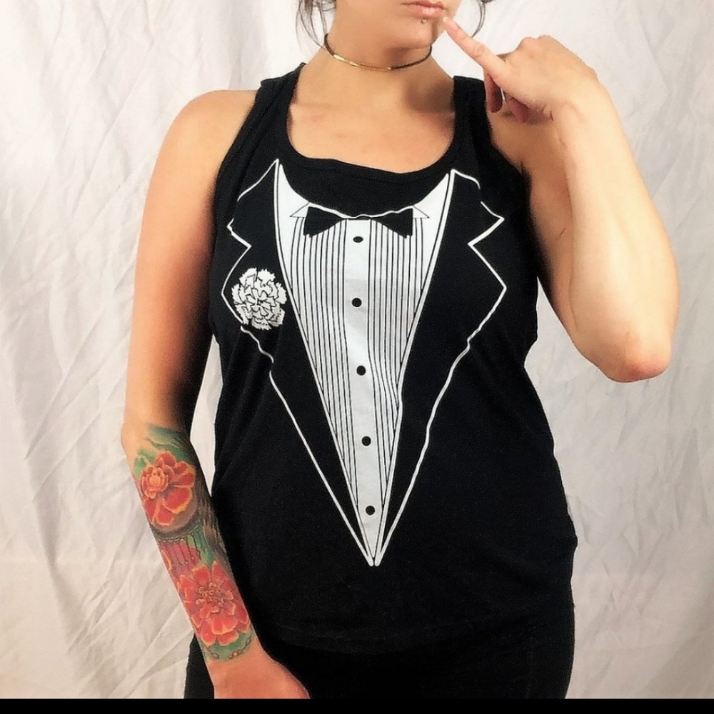 -Vintage Tuxedo Graphic Sleeveless Sleeveless Shirt Tank Top L Wardrobe Stape
